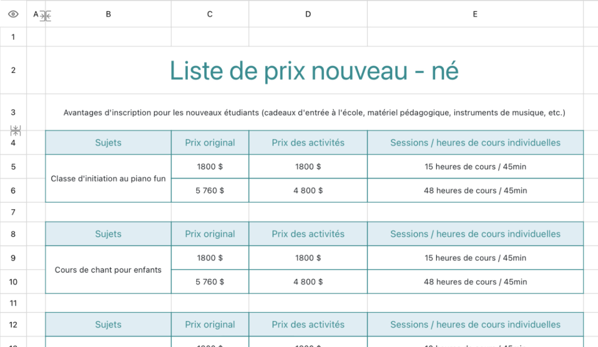 Liste de prix nouveau - né